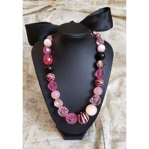 Statement Necklace - Pink and Black Beads with Black Ribbon Tie-Back Whimsy Prom